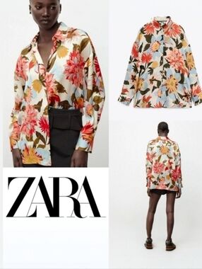 Zara Tropical Floral Satin Blouse Medium